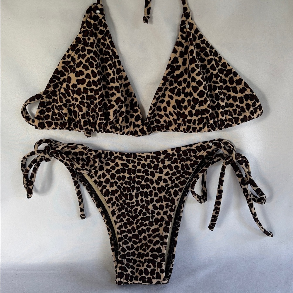 VINTAGE 1980’s SEXY LEOPARD PRINT BRAZILIAN STYLE STRING TIE THONG BIKINI SET- M - Picture 2 of 13